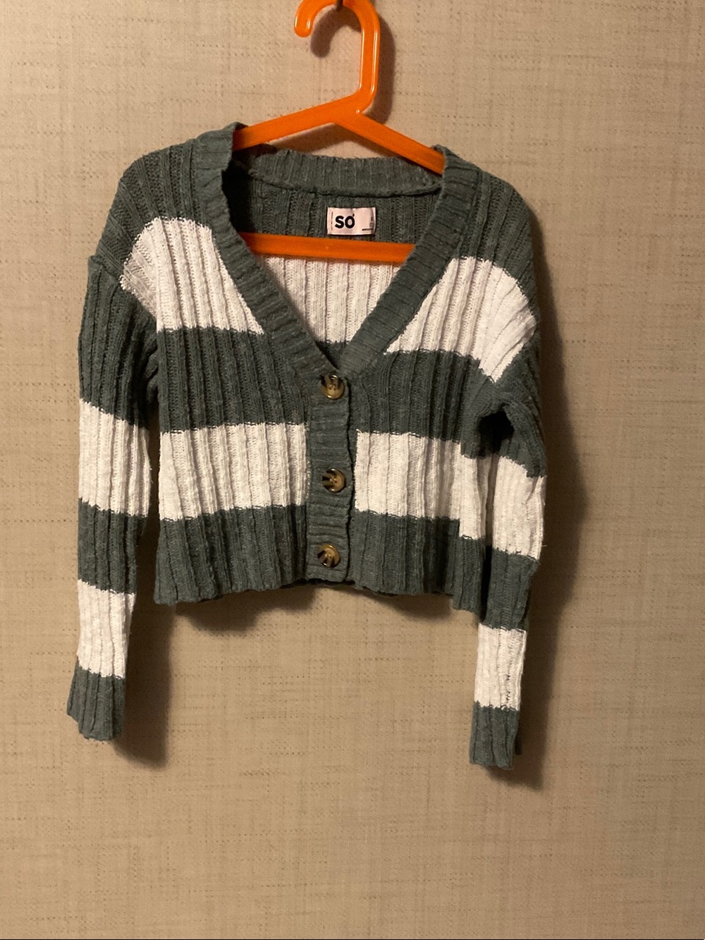 SO Green and White Chunky Ribbed Button-Up Cropped Cardigan